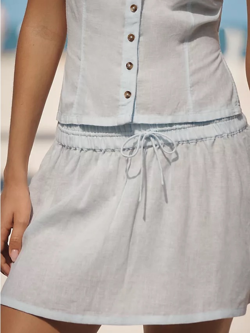Celandine Mini Skirt Light Blue Drawstring Linen Blend